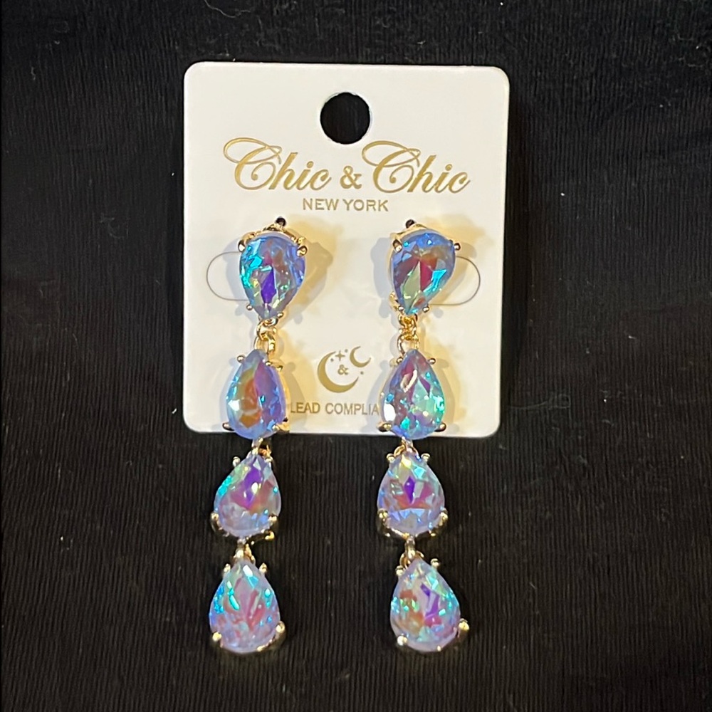 Chic & Chic Light Blue Crystal Teardrop Dangle Earrings Gold Tone